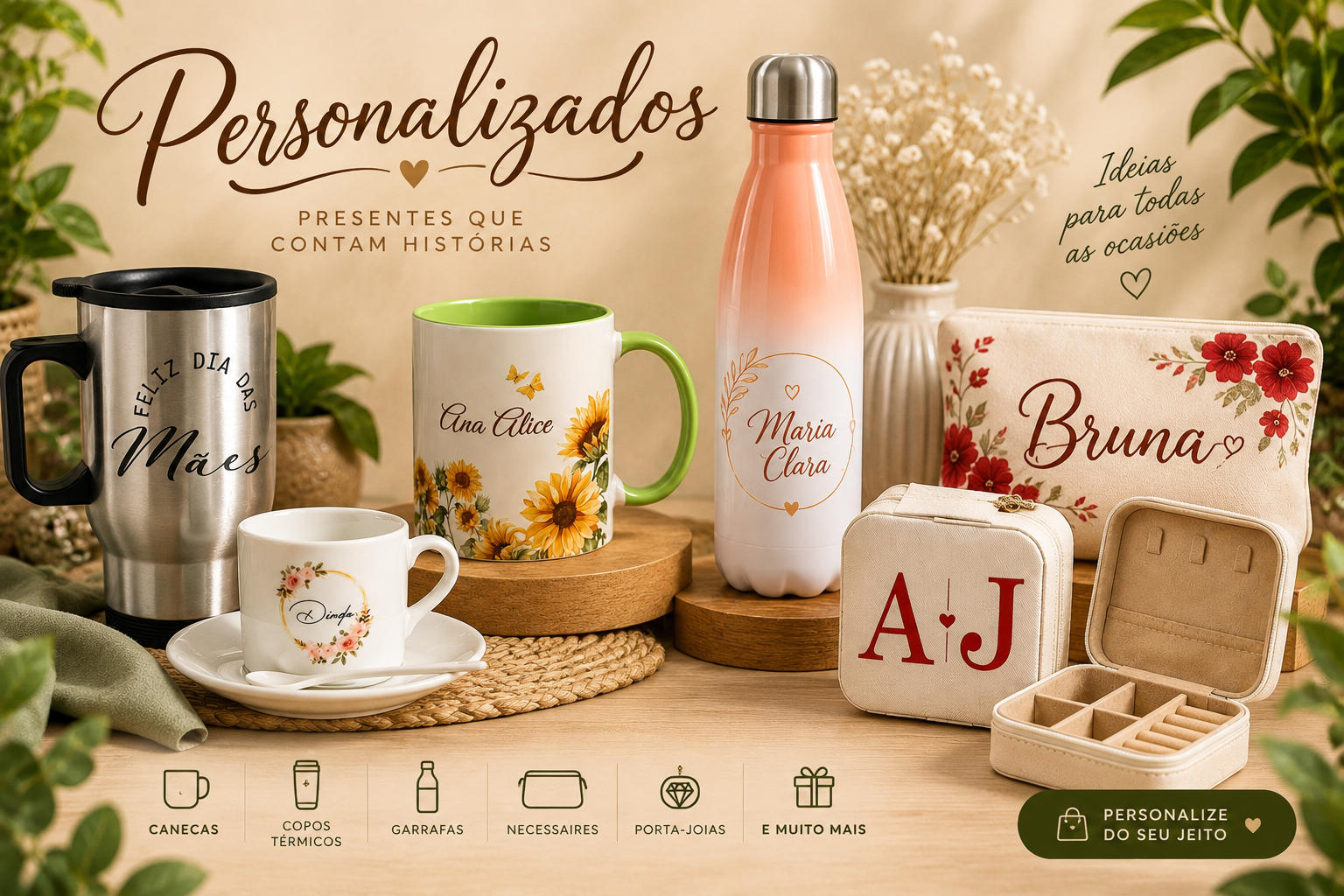 Canecas, copos térmicos, garrafa, necessaire e porta-joias personalizados