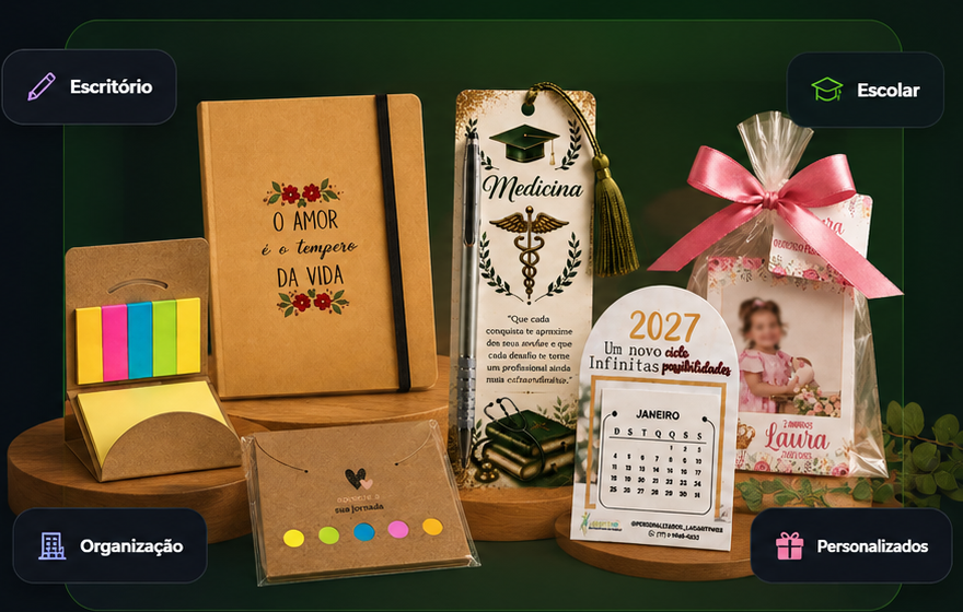 Papelaria Lagarto Web com caderno, bloco de anotações, marcador, calendário e presente personalizado